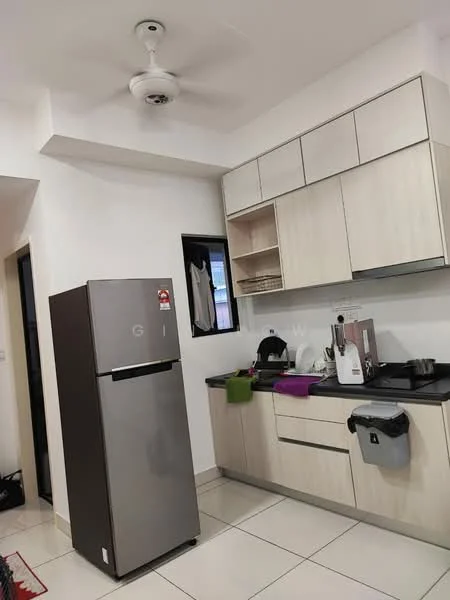 Kitchen features: grey stainless-steel fridge, black countertop, light wood cabinetry, open shelving, built-in sink, chrome faucet, ceramic tile flooring, ceiling fan, wall-mounted window, kitchen appliances including kettle and blender, garbage bin; style: modern.