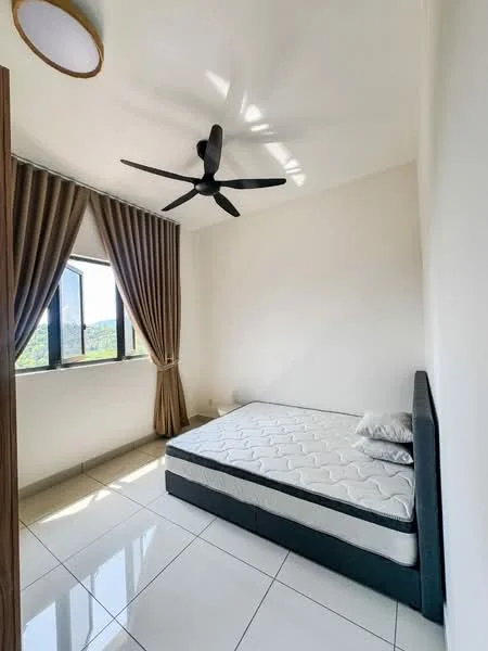 Bedroom features: queen-size bed, black upholstered bed frame, white mattress, ceiling fan with 3 blades, floor-to-ceiling windows, sheer curtains, white painted walls, glossy tile flooring, mountain view; style: modern; view: mountain.