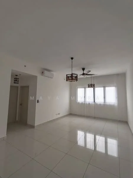 Living features: white painted walls, glossy ceramic tile flooring, 2 ceiling fans, 2 pendant lights, floor-to-ceiling windows with sheer curtains, 1 wall-mounted split AC, open layout, natural light from windows; style: modern.