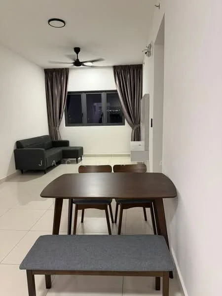 Dining features: wooden dining table, 4 wooden dining chairs, grey upholstered bench, white walls, recessed ceiling lights, 5-blade ceiling fan, large window with city view, curtains in grey fabric, tile flooring; style: modern; view: city. Living features: black fabric sofa, large window with city view, curtains in grey fabric, tile flooring; style: modern; view: city.