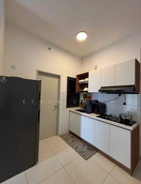 Kitchen features: white cabinetry with wood accents, black countertop, stainless-steel sink, chrome pull-down faucet, built-in gas stove, exhaust hood, microwave, refrigerator, tile backsplash, ceramic tile flooring, recessed ceiling light, open shelving, kitchen rug; style: modern.