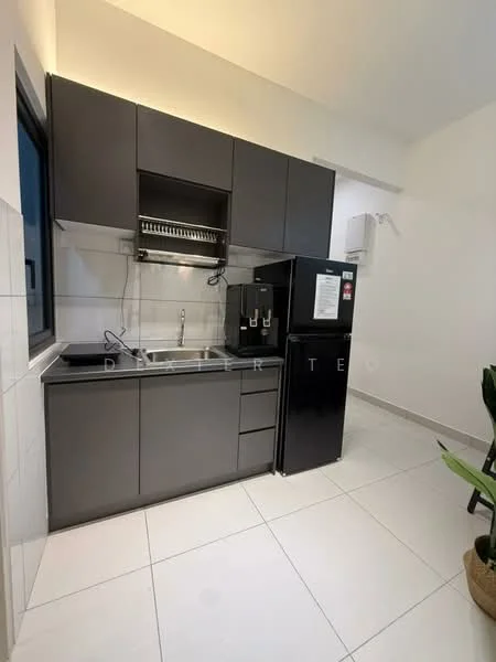 Kitchen features: black cabinetry, stainless-steel sink, chrome faucet, built-in shelving above sink, black refrigerator, white tiled backsplash, white tiled flooring, window with black frame, countertop with storage below, plant in ceramic pot; style: modern.