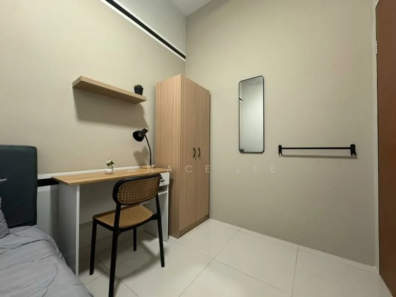 Room features: light beige painted walls, white ceiling, tile flooring, single bed with grey bedding, wooden desk with chair, wooden shelf on wall, full-length mirror, built-in wardrobe, wall-mounted towel rack; style: modern.
