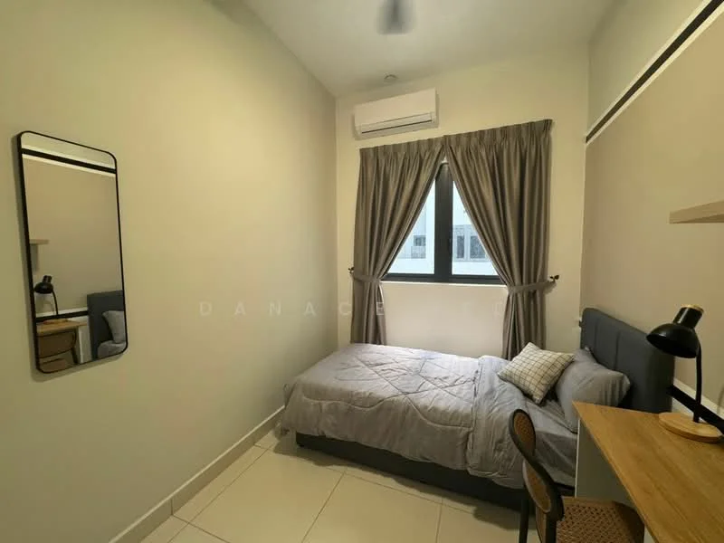 Bedroom features: single bed with grey bedding, upholstered headboard, wooden study desk, chair with woven seat, full-length mirror, wall-mounted air conditioning unit, floor-to-ceiling window, curtains, light-colored painted walls, tile flooring; style: modern.