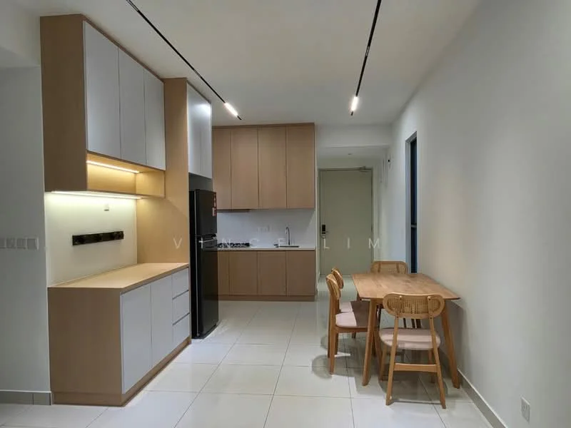Kitchen features: white cabinets with wood accents, black refrigerator, built-in oven, stainless-steel sink, chrome pull-down faucet, white countertop, tile backsplash, 4-burner gas hob, dining table with 3 chairs, recessed LED downlights, white tiled flooring, open shelving; style: modern.