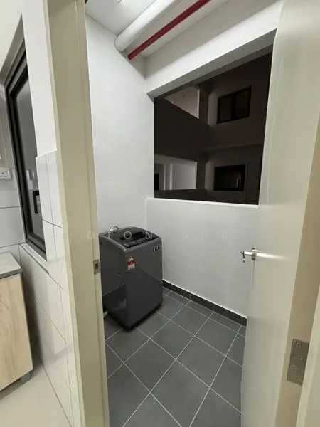 Laundry features: grey tiled flooring, white painted walls, window with view to courtyard, washer-dryer combo unit, open layout, shelving above washer, door leading to hallway; style: modern; view: courtyard.