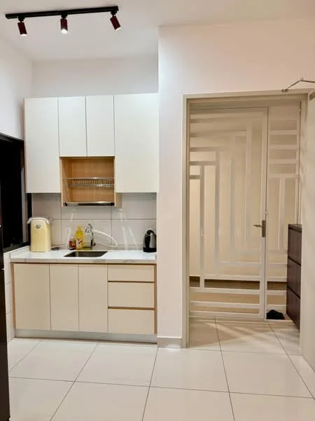 Kitchen features: white cabinetry with wooden accents, single-bowl stainless-steel sink, chrome pull-down faucet, built-in kitchen cabinet with open shelving, white tiled backsplash, countertop with light-colored surface, kettle, dish soap dispenser, wall-mounted storage rack, recessed downlights, ceramic tile flooring; style: modern. Room features: glass door with geometric pattern, neutral wall color, light-colored flooring.