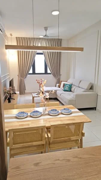 Living features: 3-seater fabric sofa in light grey, wooden coffee table, TV console, wall-mounted TV, floor-to-ceiling windows, sheer curtains, 5-blade ceiling fan with light, recessed downlights, decorative wall paneling, area rug with geometric pattern; style: modern. Dining features: wooden dining table, 4 rattan dining chairs, decorative vase with flowers, ceramic plates on the table, table runner; style: modern.