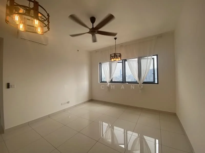 Room features: white painted walls, glossy ceramic tile flooring, 5-blade ceiling fan, 2 pendant lamps, floor-to-ceiling windows, sheer curtains, city skyline view; style: modern; view: city.