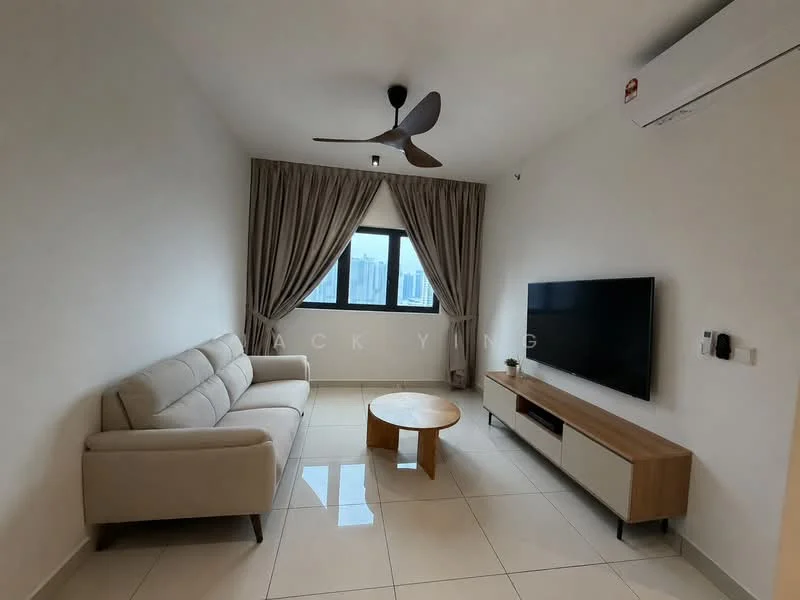 Living features: 3-seater fabric sofa in beige, coffee table with round top, wall-mounted TV, TV console with wooden finish, floor-to-ceiling window, curtains in light fabric, 1 ceiling fan, white painted walls, glossy tile flooring, air conditioning unit on wall; style: modern; view: city.