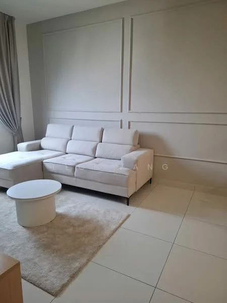 Living features: L-shape sectional sofa in white, round coffee table in white, area rug with neutral color, cream painted walls, large window with sheer curtains, tile flooring, wall paneling, decorative wall molding; style: modern.