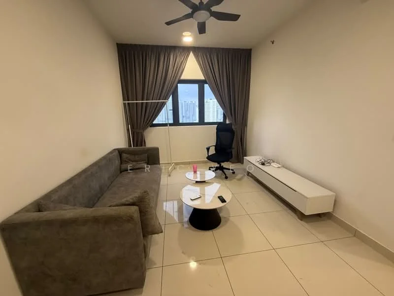 Living features: grey fabric sofa, round coffee table, white TV console, floor-to-ceiling window, curtains in dark brown, ceiling fan with light, tile flooring, neutral painted walls; style: modern; view: city.