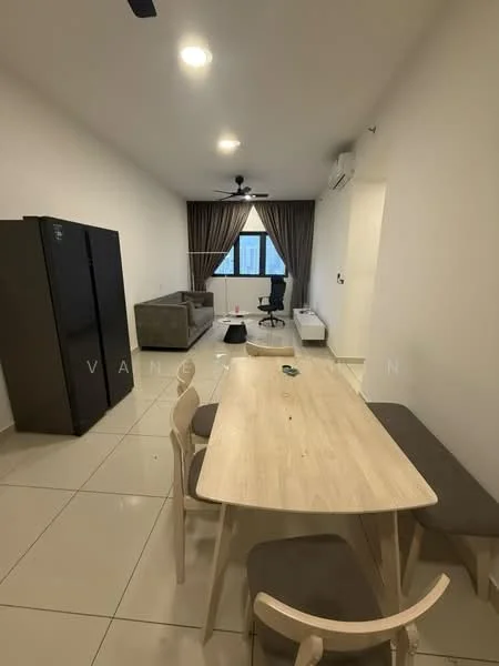 Living features: cream painted walls, white ceiling, recessed downlights, 5-blade ceiling fan, floor-to-ceiling window, curtains, light-colored tiled flooring, 3-seater fabric sofa in grey, wooden dining table, 4 dining chairs, black refrigerator, office chair, air conditioning unit; style: modern.