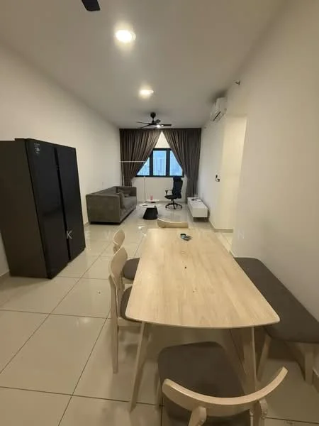 Living features: cream painted walls, white ceiling, recessed downlights, 5-blade ceiling fan, large window with sheer curtains, grey fabric sofa, wooden dining table, 4 dining chairs, black refrigerator, air conditioning unit, tile flooring; style: modern.