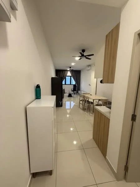 Room features: white painted walls, glossy tile flooring, ceiling fan, recessed downlights, large window with curtains, dining table with chairs, kitchen cabinetry, white sideboard, black refrigerator, open layout; style: modern.