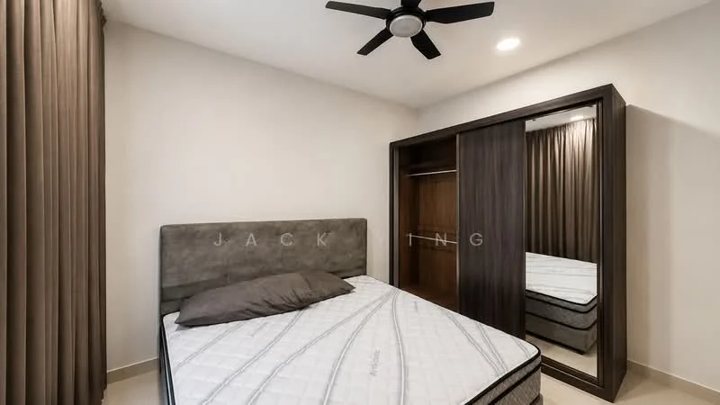Bedroom features: queen-size bed with grey upholstered headboard, brown decorative pillow, built-in wardrobe with sliding mirror doors, floor-to-ceiling curtains in brown, ceiling fan with light, recessed downlights, cream painted walls, tile flooring; style: modern.