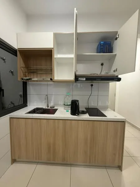 Kitchen features: white cabinets with open shelving, wooden cabinetry, marble countertop, single-bowl stainless-steel sink, chrome pull-down faucet, built-in induction hob, built-in range hood, kettle, dish drying rack, wall-mounted electrical outlets, white tiled backsplash, large window with security grills; style: modern.
