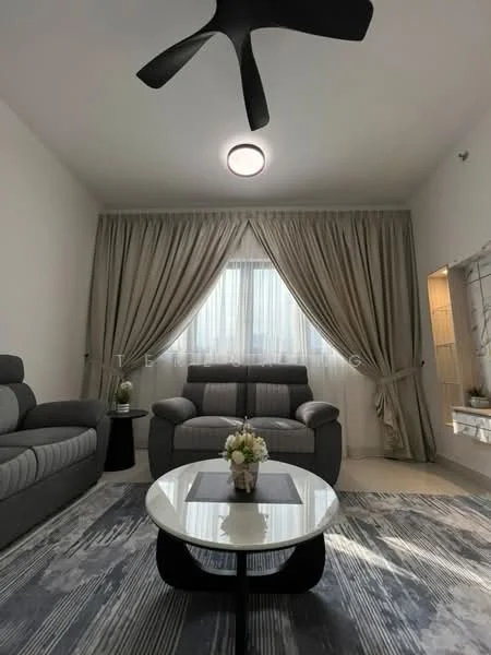 Living features: 3-seater fabric sofa in grey, 2-seater fabric sofa in grey, coffee table with black base and white top, area rug with geometric pattern, floor-to-ceiling window with sheer curtains, 5-blade ceiling fan with light, decorative wall shelf, decorative plant on coffee table, curtains in light beige, wall-mounted light fixture; style: modern.