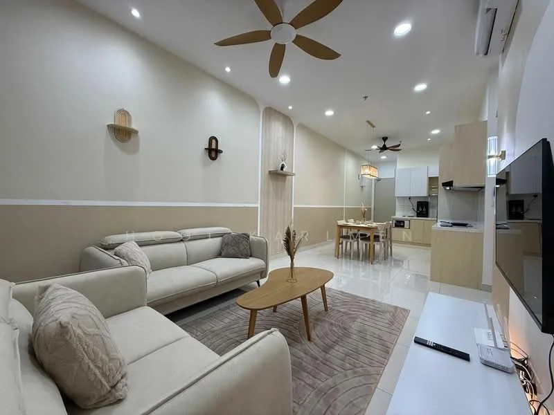 Living features: 3-seater fabric sofa in beige, wooden coffee table, area rug with geometric pattern, wall-mounted TV, TV console, ceiling fan with light, recessed downlights, cream painted walls, white tiled flooring, decorative wall shelves, built-in cabinetry, open layout to kitchen, neutral color palette; style: modern. Kitchen features: white cabinetry, built-in oven, stainless-steel fridge, countertop with backsplash, kitchen island, pendant lighting, open layout to living area; style: modern.