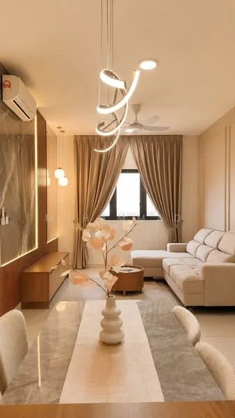 Living features: 3-seater fabric sofa in light color, wooden coffee table, dining table with marble top, upholstered dining chairs, 5-blade ceiling fan with light, recessed downlights, floor-to-ceiling windows, sheer curtains, wooden console unit, decorative vase with flowers, wall-mounted air conditioning unit, accent wall with wood paneling; style: modern.