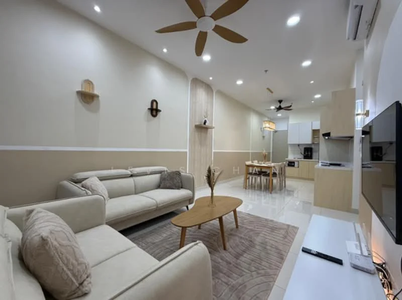Living features: 3-seater fabric sofa in cream, wooden coffee table, area rug with geometric pattern, wall-mounted TV, entertainment unit, ceiling fan with light, recessed downlights, cream painted walls, white tiled flooring, decorative wall shelves, wooden accent wall, open layout to kitchen, dining area visible in background; style: modern. Kitchen features: kitchen cabinets in light wood, white countertop, built-in oven, stainless-steel sink, stainless-steel range hood, 4-burner gas hob, refrigerator, open layout to living area; style: modern.