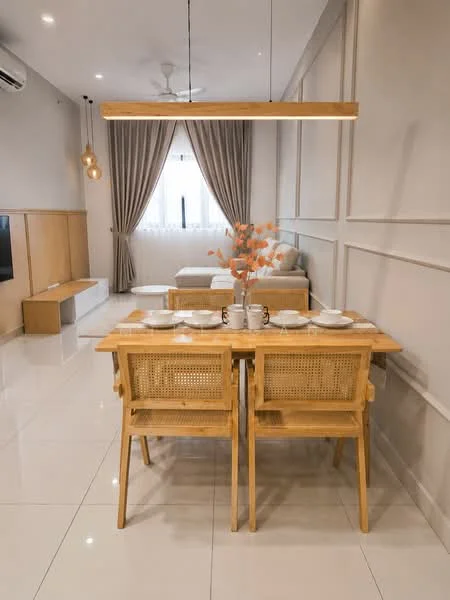 Dining features: wooden dining table, 2 cane-back dining chairs, white ceramic plates, glass vase with orange flowers, pendant light fixture, recessed ceiling lights, white tiled flooring, grey accent wall, curtains in light grey, wall-mounted TV, sofa in light beige, ceiling fan; style: modern.