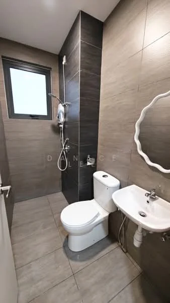 Bathroom features: grey ceramic tile flooring, dark grey wall tiles, white toilet, single-sink vanity with wall-mounted faucet, framed mirror, shower with handheld showerhead, window for natural light, chrome towel rail; style: modern.