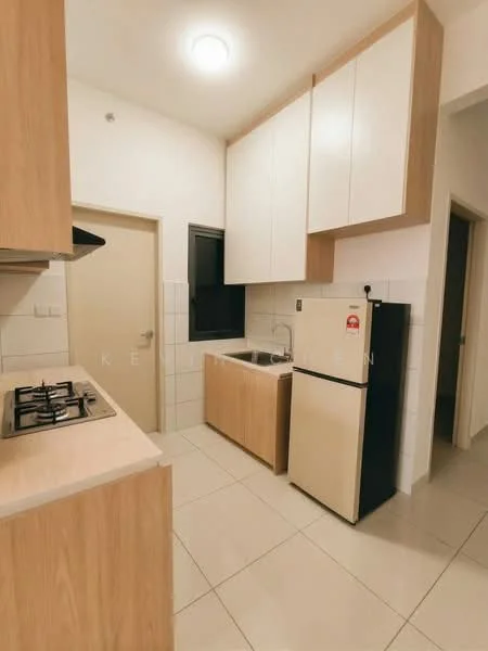 Kitchen features: light wood cabinetry, white tiled backsplash, stainless-steel sink, chrome pull-down faucet, built-in gas hob, freestanding fridge, white countertop, cream wall tiles, recessed ceiling lights, window with black frame; style: modern.