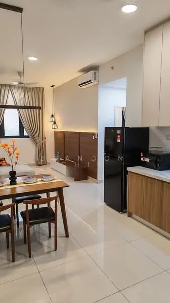 Kitchen features: white painted walls, glossy ceramic tile flooring, ceiling with recessed downlights, stainless-steel fridge, built-in microwave, black countertop, wood cabinetry, dining table with four chairs, pendant lighting, open shelving, window with sheer curtains, air conditioning unit; style: modern.