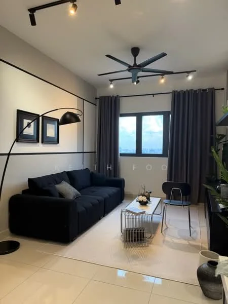 Living features: 3-seater fabric sofa in black, floor lamp with arched design, ceiling fan with 5 blades, recessed LED downlights, large windows with city view, grey curtains, white walls with black accent lines, white tile flooring, coffee table with metal frame, decorative plant in pot, framed artwork on walls, area rug; style: modern; view: city.