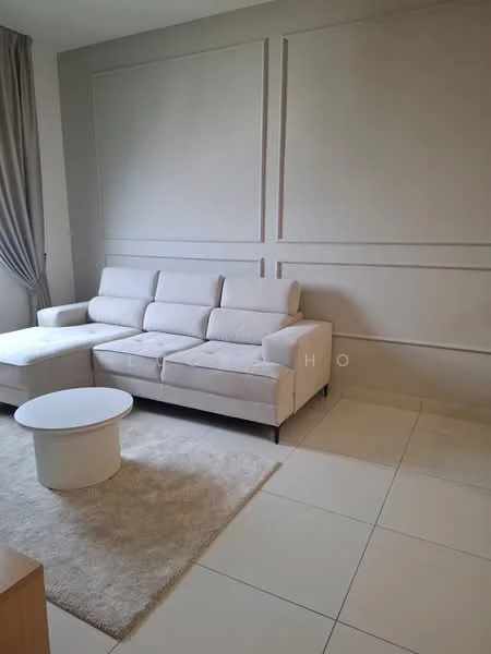 Living features: L-shape sectional sofa in light beige, round white coffee table, area rug with neutral color, white walls with paneling, large window with sheer curtains, tile flooring, recessed lighting, decorative wall molding; style: modern.
