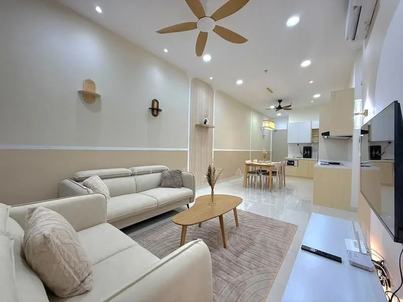 Living features: 3-seater cream leather sofa, 2-seater cream leather sofa, wooden coffee table, area rug with geometric pattern, wall-mounted TV, TV console, ceiling fan with light, recessed downlights, cream painted walls, white tiled flooring, decorative wall shelves, open-plan layout to kitchen, kitchen island visible in background; style: modern.
