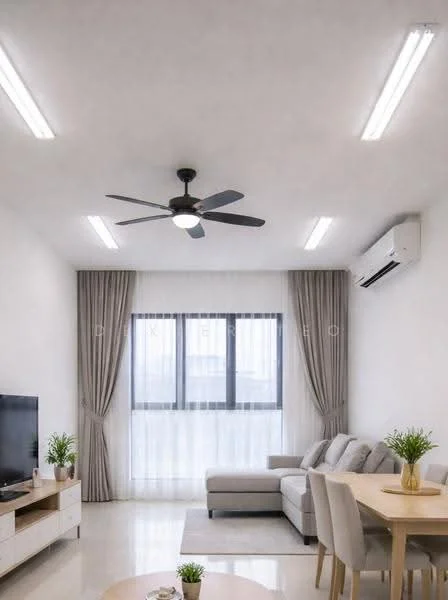 Living features: 3-seater fabric sofa in light grey, coffee table, TV console, wall-mounted TV, 5-blade ceiling fan with light, recessed LED downlights, floor-to-ceiling windows, sheer curtains, air conditioning unit, light-colored walls, polished tile flooring, decorative plants in ceramic pots, dining table with chairs; style: modern.