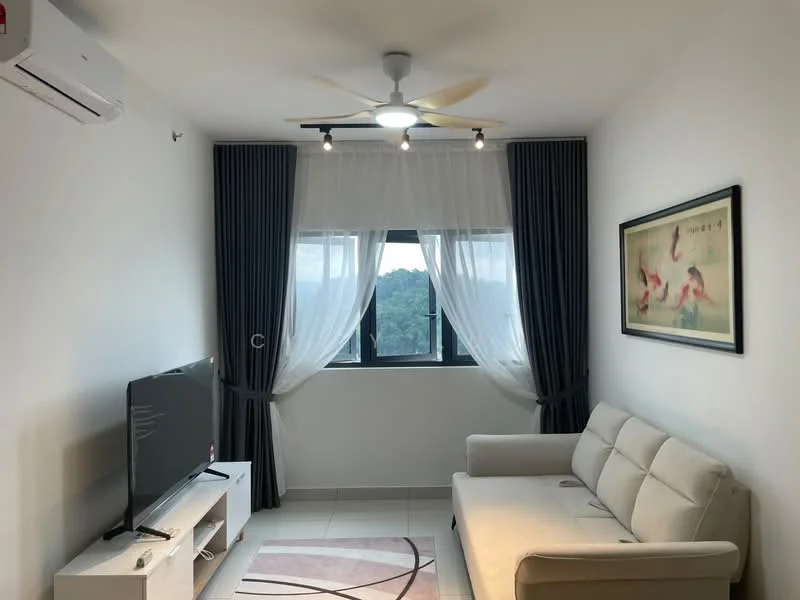 Living features: 3-seater fabric sofa in cream, wall-mounted TV, TV console in white, area rug with geometric pattern, 5-blade ceiling fan with integrated LED light, floor-to-ceiling windows, sheer curtains, blackout curtains, light grey painted walls, tile flooring; style: modern; view: garden.