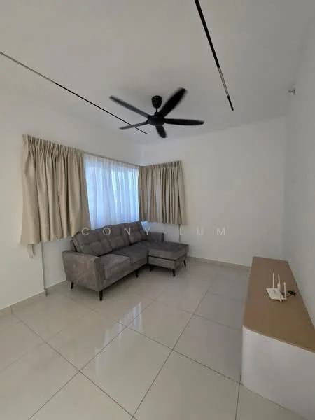 Living features: grey fabric L-shape sectional sofa, white walls, cream curtains, floor-to-ceiling window, white tiled flooring, 5-blade ceiling fan, wooden console table, decorative wall panel; style: modern.