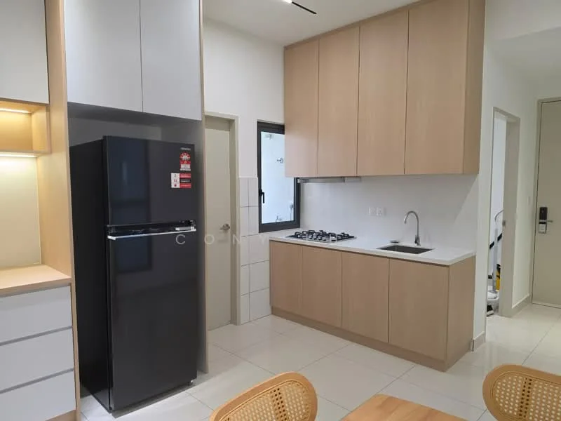 Kitchen features: black fridge, built-in oven, 4-burner gas hob, single-bowl stainless-steel sink, chrome pull-down faucet, white laminate cabinetry, light wood cabinetry, white tiled backsplash, white countertop, ceramic tile flooring, window with view to outside, recessed downlights; style: modern.