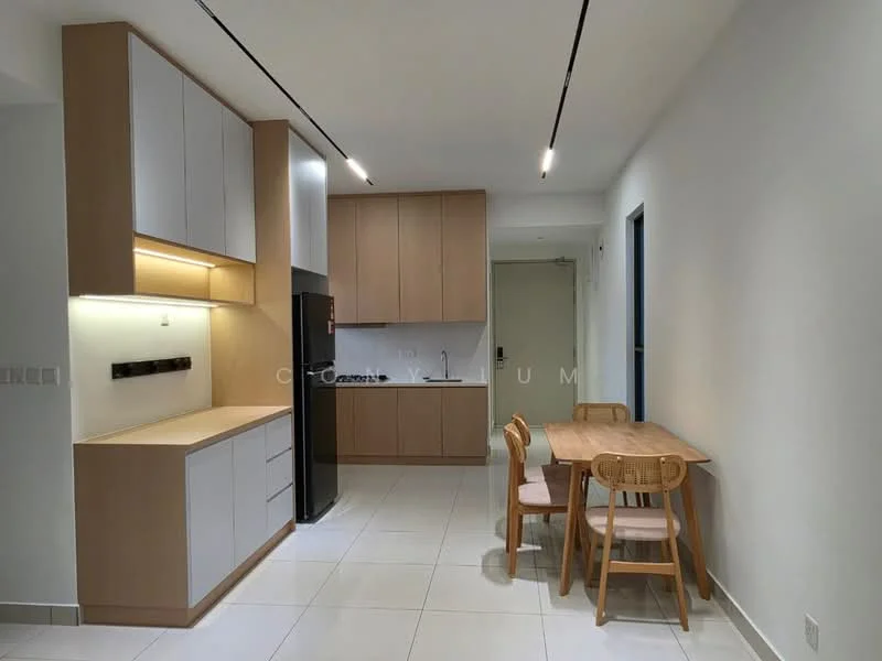 Kitchen features: white cabinetry with wood accents, built-in oven, stainless-steel fridge, single-bowl stainless-steel sink, chrome pull-down faucet, white quartz countertop, ceramic tile backsplash, 4-burner gas hob, recessed downlights, open shelving, dining table with 4 chairs, tile flooring; style: modern.