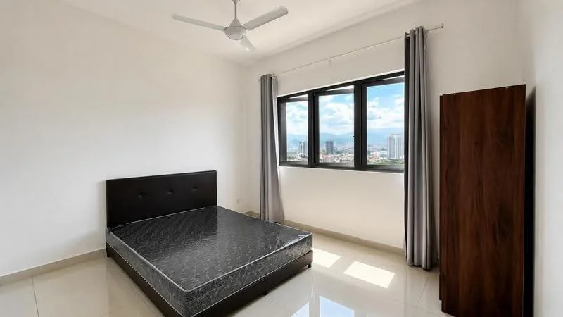 Bedroom features: queen-size bed, white painted walls, floor-to-ceiling windows, grey curtains, ceiling fan, glossy tile flooring, wooden wardrobe, city view; style: modern; view: city.