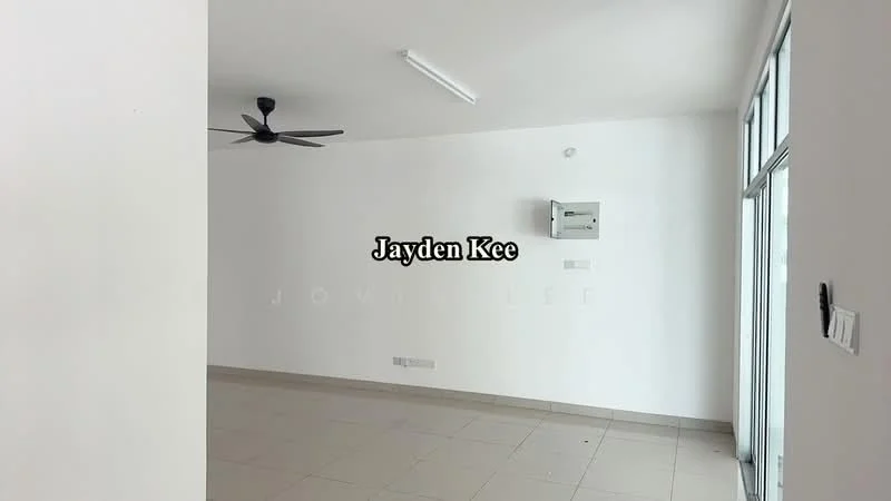 Room features: white painted walls, tile flooring, ceiling fan, large windows, natural light, light fixture, air conditioning unit, neutral color scheme; style: modern.