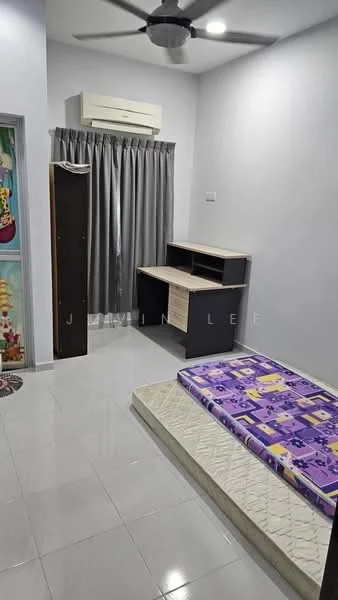 Room features: grey painted walls, white ceiling, 5-blade ceiling fan, wall-mounted split AC, glossy tile flooring, window with grey curtains, built-in desk with storage, wooden wardrobe, mattress on bed frame, decorative rug; style: modern.