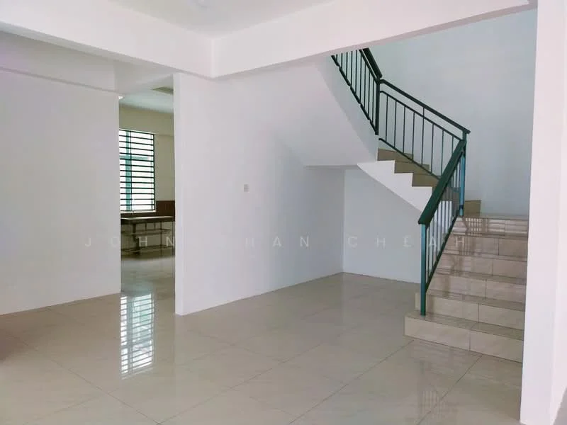 Room features: white painted walls, glossy tile flooring, staircase with metal railing, large windows with horizontal slats, open layout, natural light from windows, neutral color scheme, high ceiling; style: modern.
