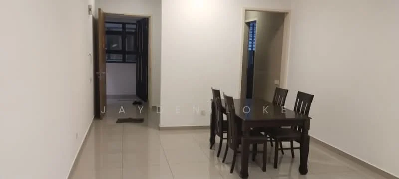 Dining features: dining table with 6 chairs, white painted walls, glossy tile flooring, doorway leading to hallway, doorway leading to another room, window with grid pattern, neutral color scheme, minimalist decor; style: modern.