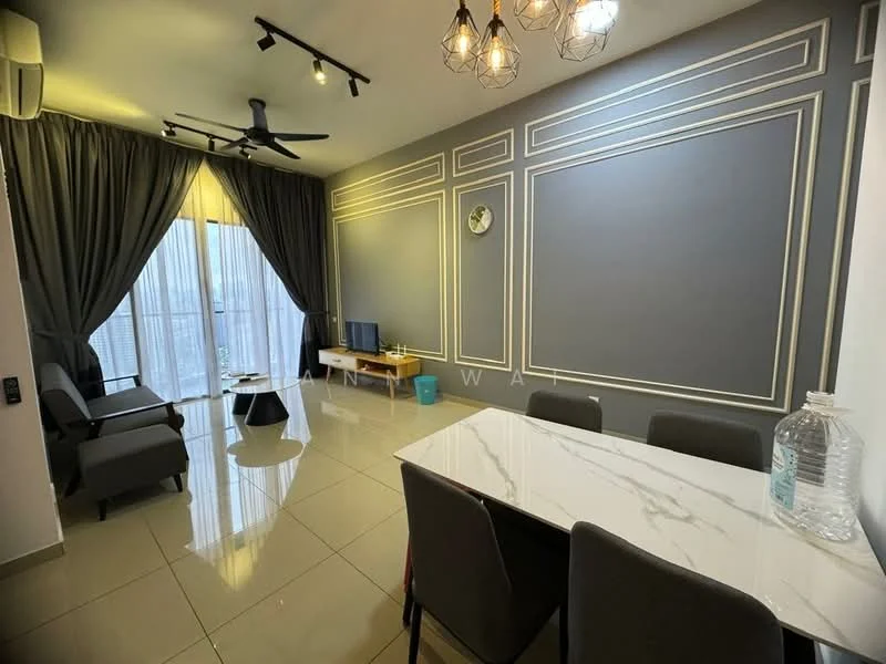 Living features: grey accent wall with decorative moulding, white painted walls, polished ceramic tile flooring, 5-blade ceiling fan with light, recessed downlights, floor-to-ceiling windows with sheer curtains, sofa chairs in grey, TV console, wall-mounted TV, dining table with 4 chairs, decorative wall clock, water bottle on table; style: modern; view: city.