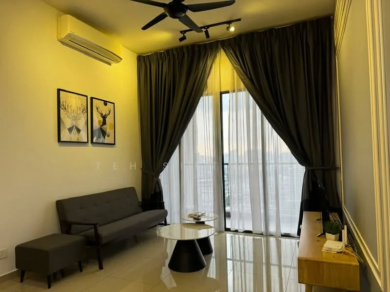 Living features: grey fabric sofa, coffee table, wall-mounted TV, wooden TV console, floor-to-ceiling windows, sheer curtains, blackout curtains, 5-blade ceiling fan with light, recessed downlights, glossy tile flooring, decorative wall art; style: modern; view: city.