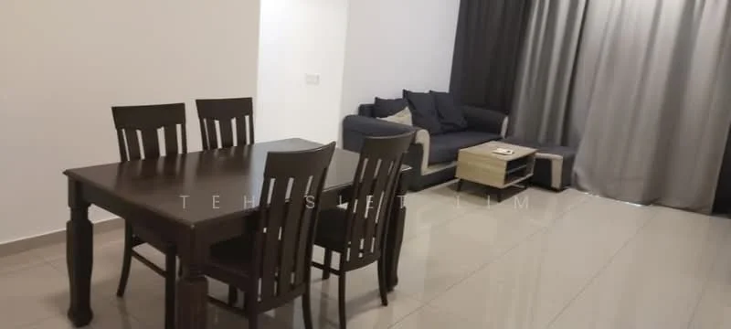Living features: grey fabric sofa, wooden coffee table, 6-seater dining table, black dining chairs, white walls, grey curtains, glossy tile flooring, decorative cushions; style: modern.