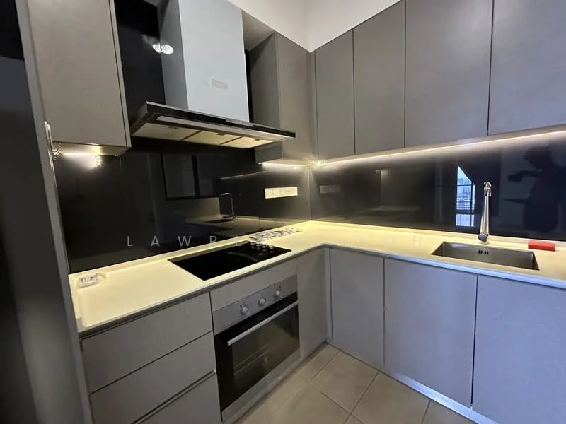 Kitchen features: grey cabinetry, white countertop, black backsplash, stainless-steel sink, chrome pull-down faucet, built-in oven, 4-burner gas hob, stainless-steel range hood, recessed LED downlights, tile flooring; style: modern.