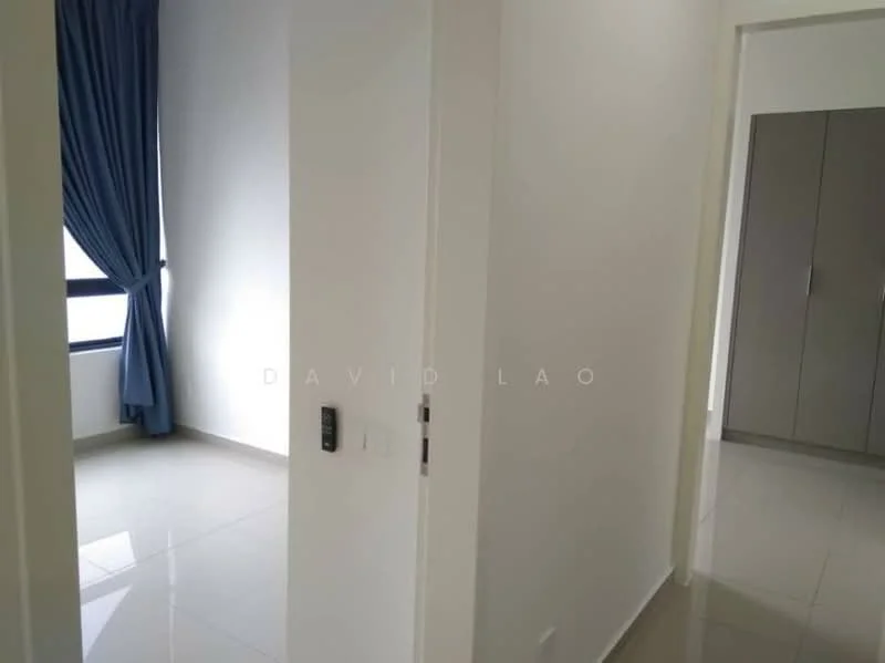 Room features: white painted walls, glossy tile flooring, floor-to-ceiling window with blue curtains, built-in wardrobe with grey doors, neutral color scheme, doorway leading to another room; style: modern.