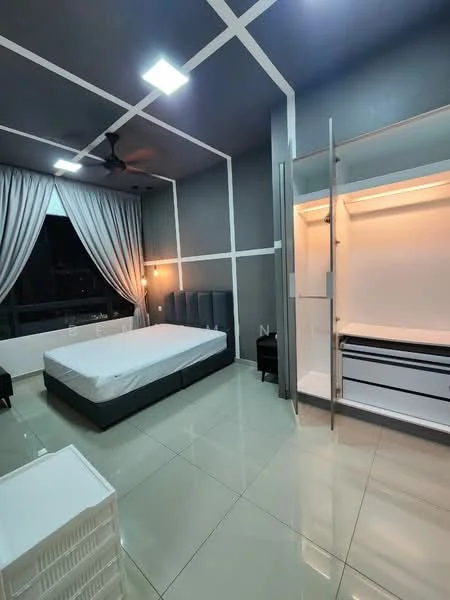 Bedroom features: queen-size bed, upholstered headboard, 2 bedside tables, built-in wardrobe with sliding doors, floor-to-ceiling window, sheer curtains, ceiling fan, recessed LED downlights, grey painted walls, glossy tile flooring; style: modern; view: city.