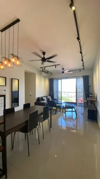 Living features: 5-blade ceiling fan with light, recessed LED downlights, sofa in dark grey fabric, coffee table, TV console, wall-mounted TV, floor-to-ceiling windows, sliding glass door, curtains in dark grey, decorative wall art, polished ceramic tile flooring, open layout with dining area; style: modern; view: city. Dining features: 6-seater dining table, black dining chairs, hanging pendant lights, open shelving unit, decorative items on shelves; style: modern.