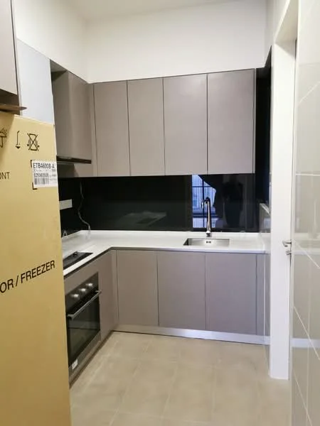 Kitchen features: grey flat-panel cabinets, white countertop, single-bowl stainless-steel sink, chrome pull-down faucet, built-in oven, 4-burner gas hob, black glass backsplash, tile flooring, wall-mounted electrical outlets, under-cabinet lighting; style: modern.